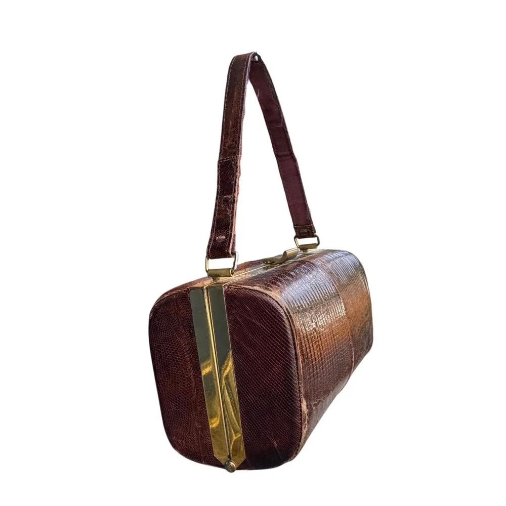 Vintage Brown Lizard Skin Frame Bag‎ Mid Century Exotic Leather Purse Brass Trim